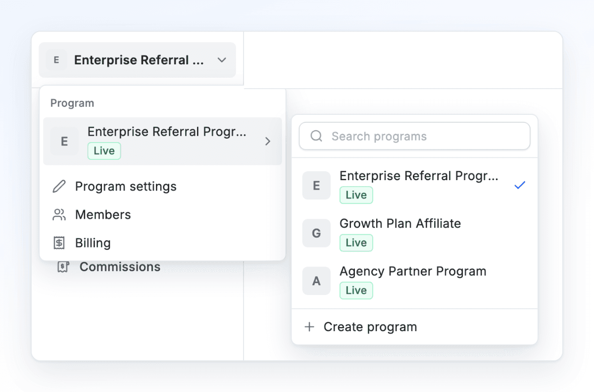 The program menu, opened from the program name at the top left: the current program with Program settings, Members and Billing, and beside it your programs with their status and Create program