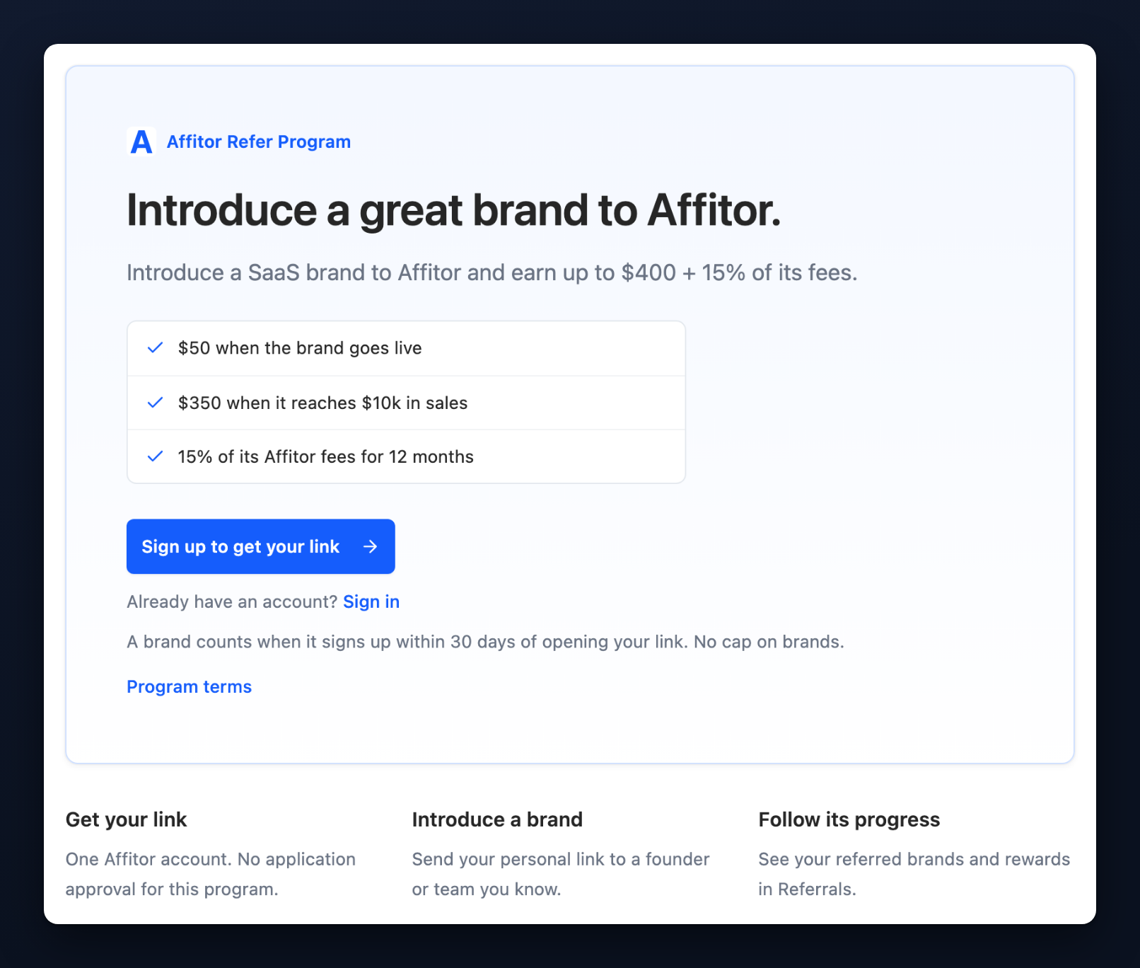 Affitor referral page with signup, sign-in and steps for getting a personal referral link