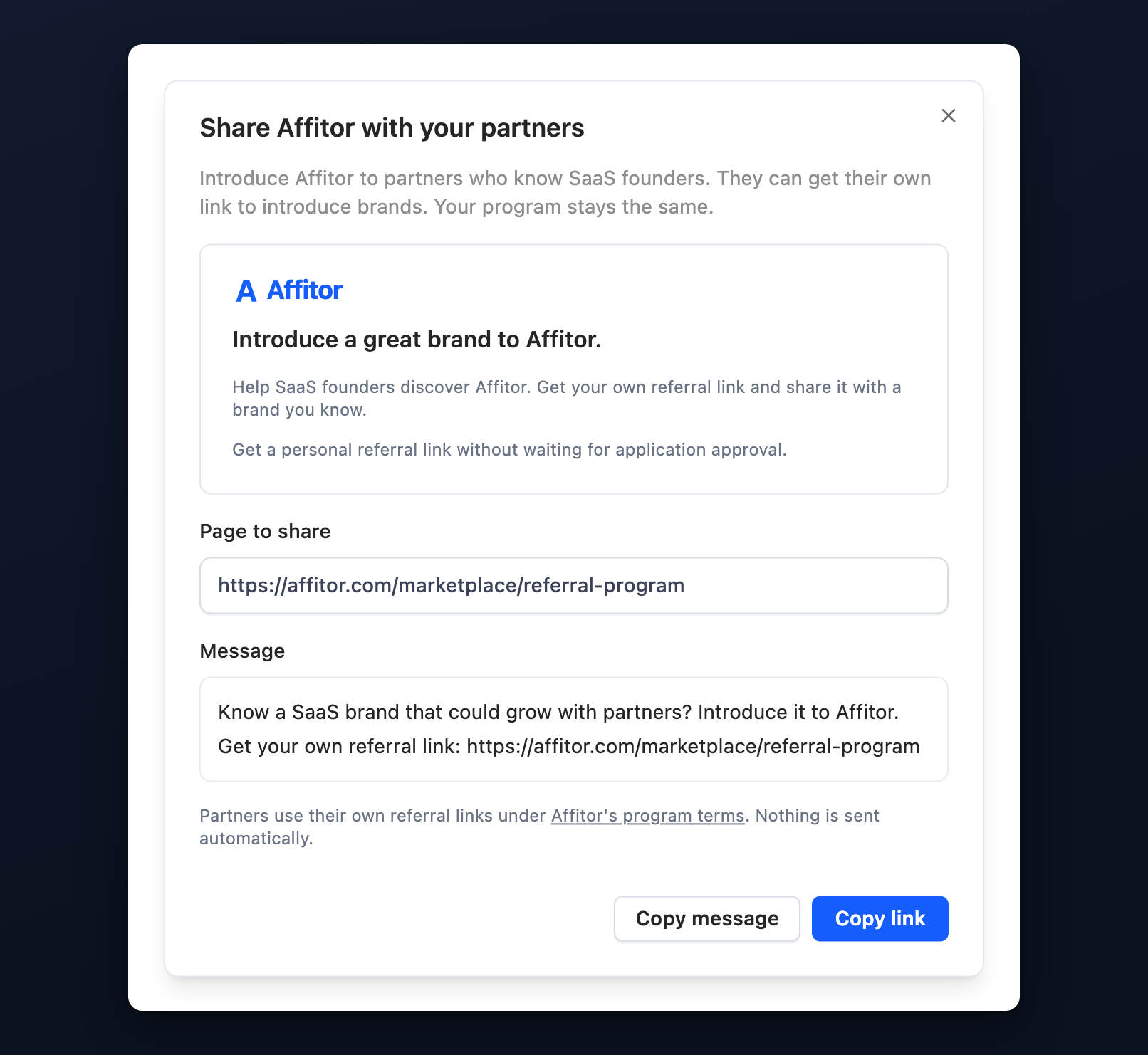 Share Affitor dialog with the public opportunity link and a message for partners