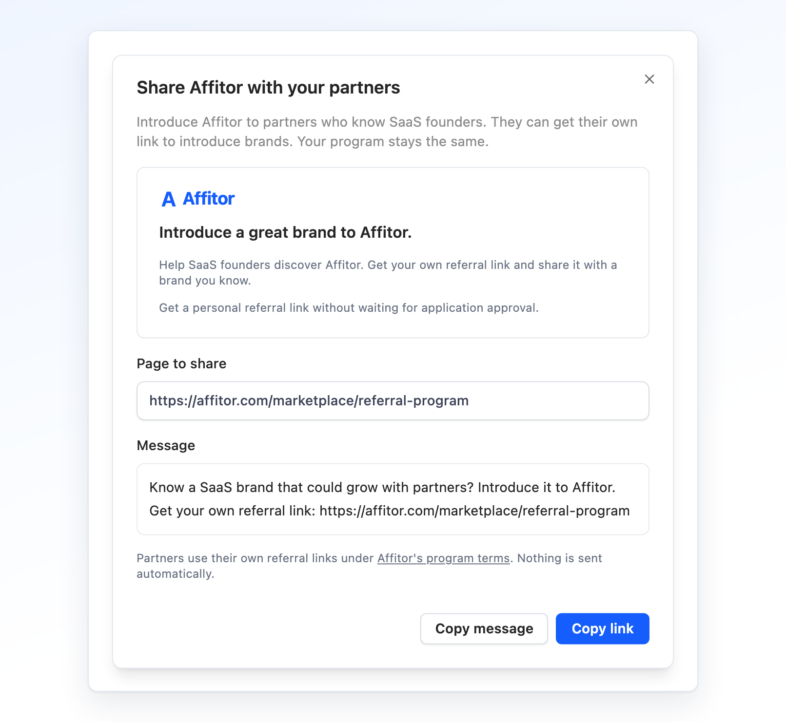 Share Affitor dialog with the public opportunity link and a message for partners