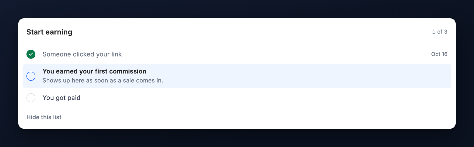 The Start earning card on a partner's Programs page, with the first click reached and the first commission as the next step