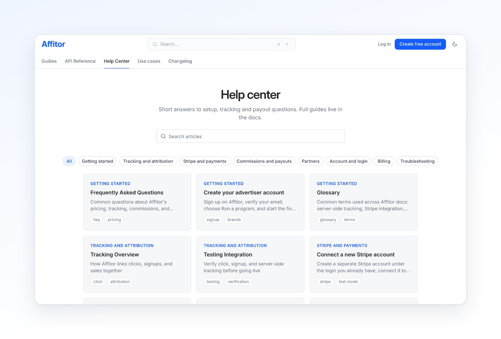 The Help center page with a search box, category filters and cards for short answers