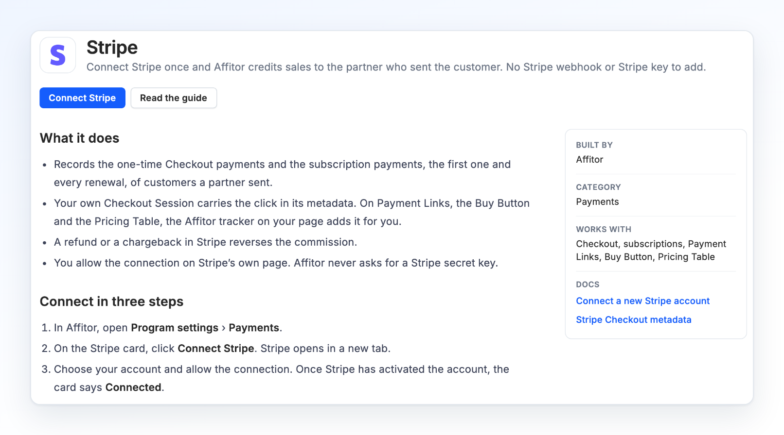 The Stripe integration page with Connect Stripe and Read the guide, what it does, and the three steps to connect