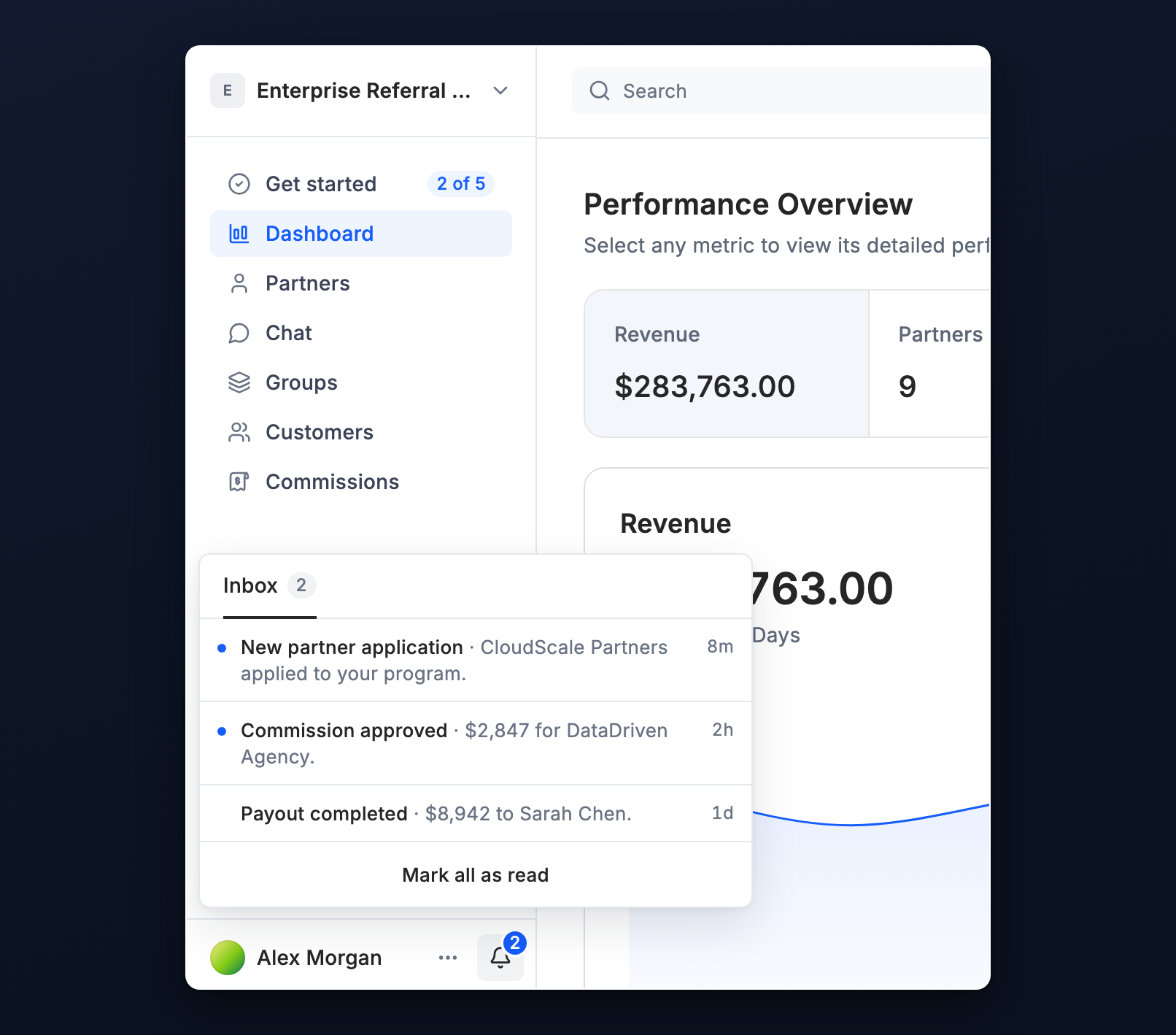 The Inbox open above the profile row, with Mark all as read
