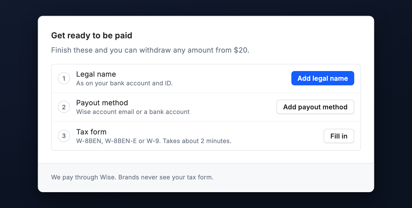 The Get ready to be paid card with three rows: legal name, payout method and tax form