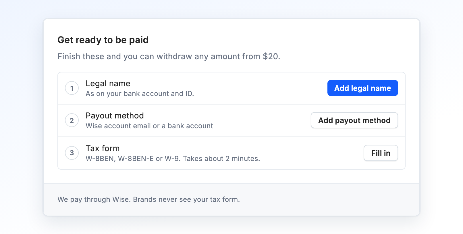 The Get ready to be paid card with three rows: legal name, payout method and tax form