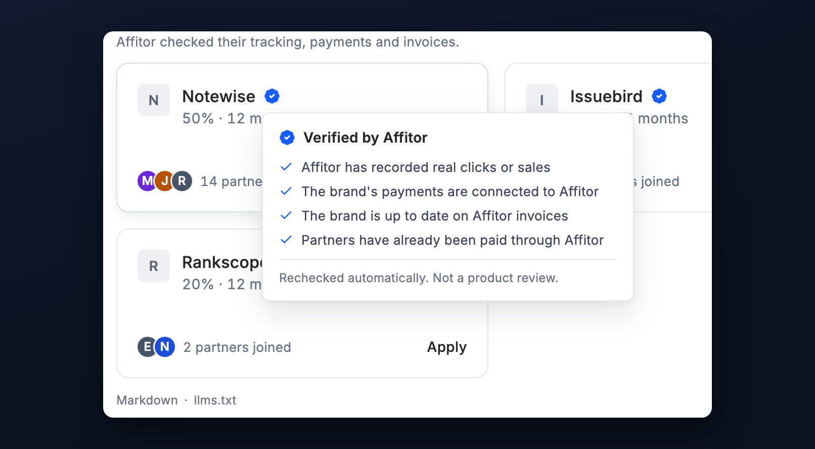 A program card with the blue check and its explanation